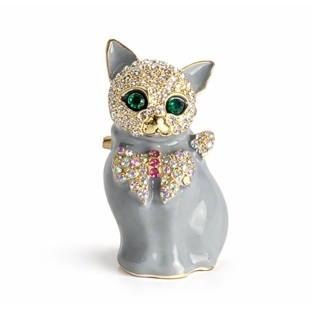 Rhinestone Cat Metal Brooch Gray Enamel Gold Tone Green Eyes Pin 1.5"